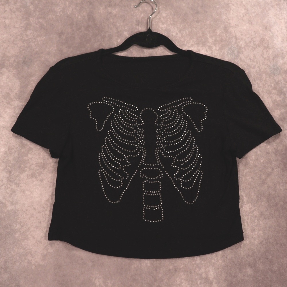 Rhinestone Skeleton Rib Cage Graphic Crop Top Black Short Sleeve Tee M Halloween